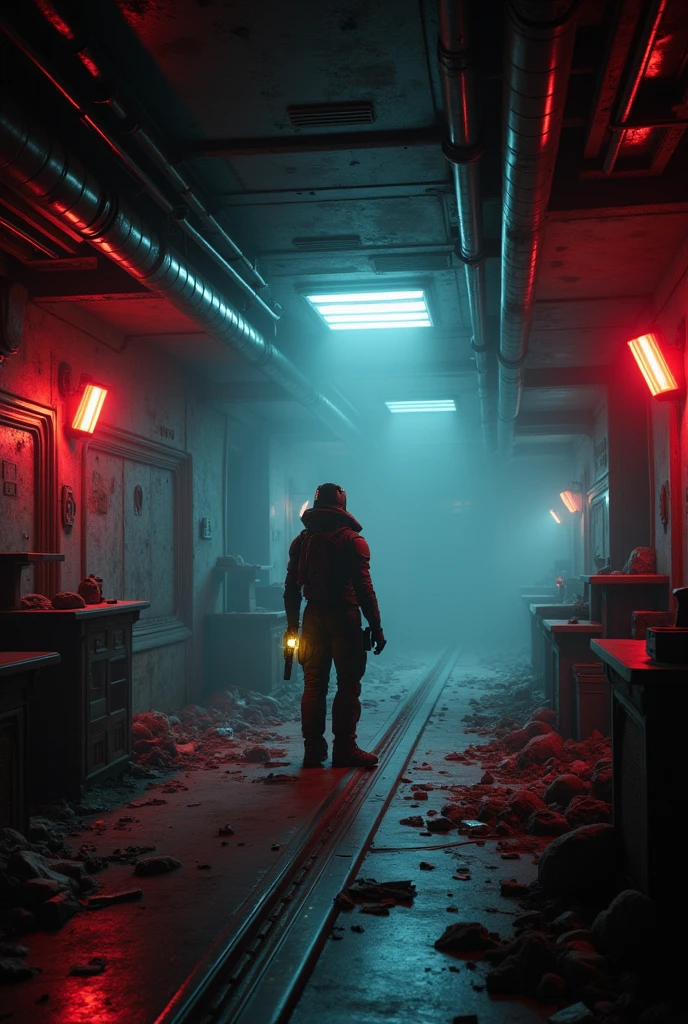Create an image of the game No Man's Sky inside a dark abandoned freighter with red lights and a ray gun