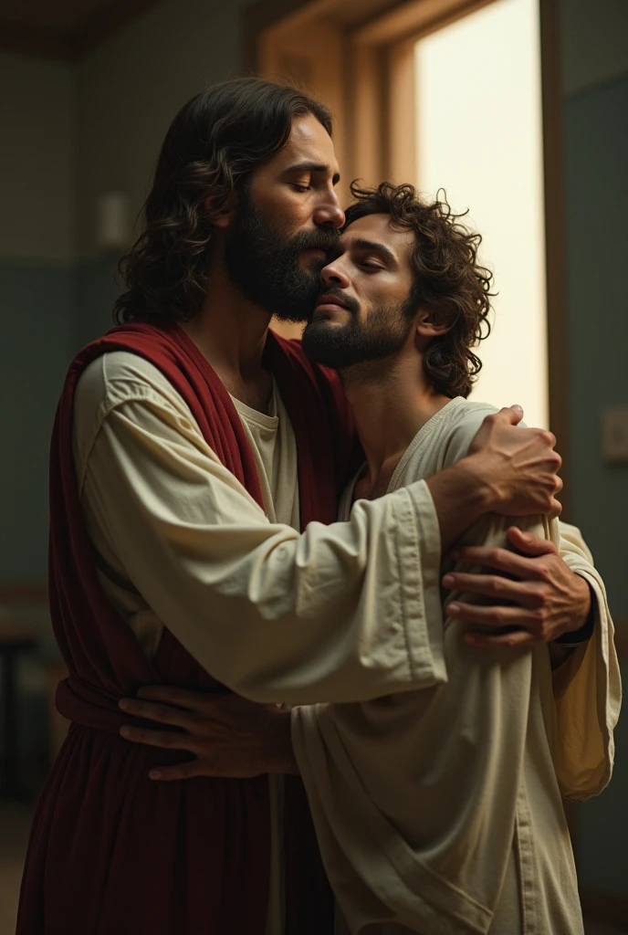 I want a picture of a sick young man being embraced by Jesus, both of them seeing the door of a hospital.