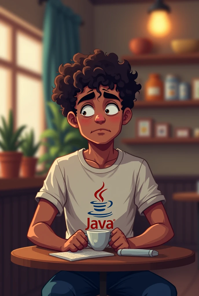 Create a male character, pixelated, drank coffee, with a t-shirt with the JAVA logo in the middle, with a tired look, curly hair, fair brown-skinned.