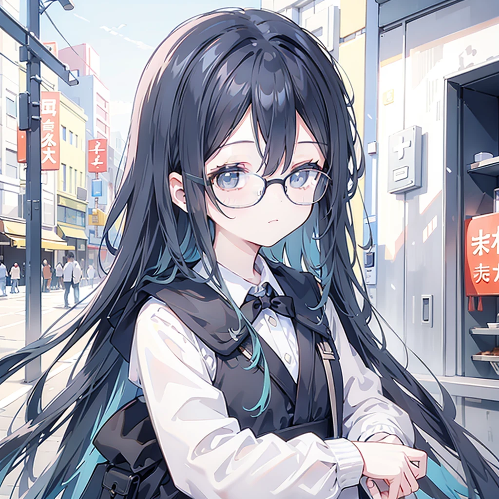 The face is a Chinese girl，Wearing round glasses with black frames