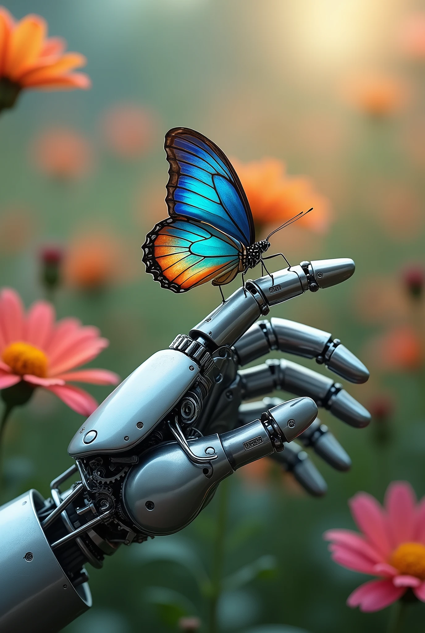 Close-up of a mechanical hand, butterfly perched on index finger,