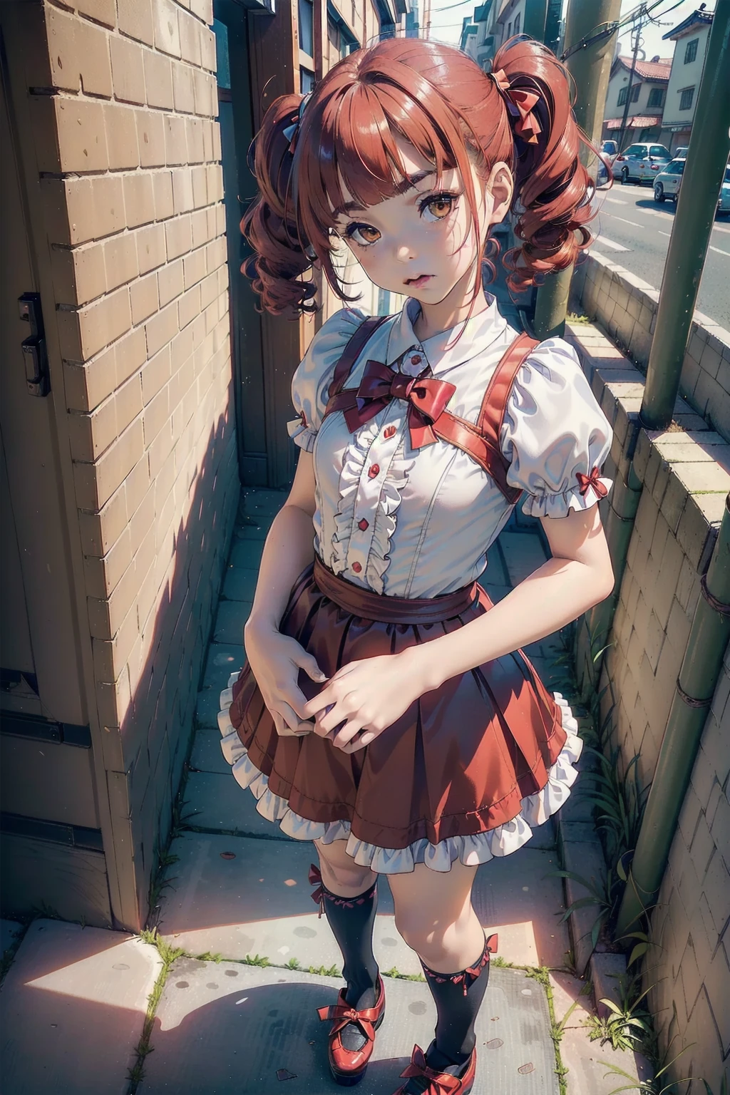 ((top quality, ultra-detailed, high resolution, extremely detailed CG, unity 8k wallpaper, by famous artist, perfect anatomy, super detailed skin, cinematic lighting, UHD, retina, anatomically correct, 1080P)), (Please draw a single one girl walking in the Japanese suburbs:1.3), ((1girl)), (Solo, face,13-year-old:2.0), a junior high school student, ((cute petit girl, chibi, babyface)) androgynous charm, Medium hair, ((full red hair)) ((redhead)), straight hair, pigtails, straight bangs, with a bow in her hair, ((very thin legs)), ((skinny legs, thin body, small build)), Full limbs, complete fingers, ((perfect fingers and hands)), flat chest, small breasts, childish body, small butt, groin, Beautiful detailed full yellow gold eyes, perfect eyes, ((A cute, pastel-colored ulzzang dress with a frilly hem and a bow at the waist, paired with knee-high socks and platform shoes)) (Detailed Lighting), ((Japanese suburbs)), (Detailed scenary background), full body view, Cute, kawaii single girl (one girl), full body shot, ((little young body:1.3)), ((long skirt)), ((shoes)), ((red hair girl:1.3)), ((A natural, correctly proportioned hands)), ((straight bangs cut just to the eyebrows, perfectly aligned and not moving to the side:1.3))