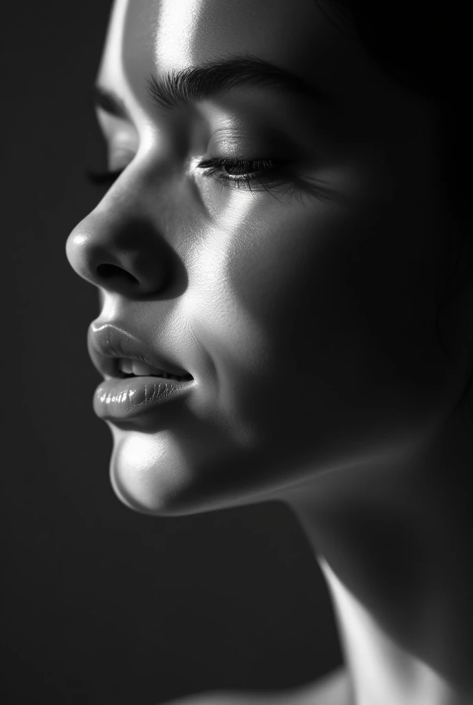 a black and white photo of a woman with shadow. big close-up, in the style of minimalist beauty, light bronze and bronze, serene faces, sharp edges, karencore, high definition, contrast shading, realism