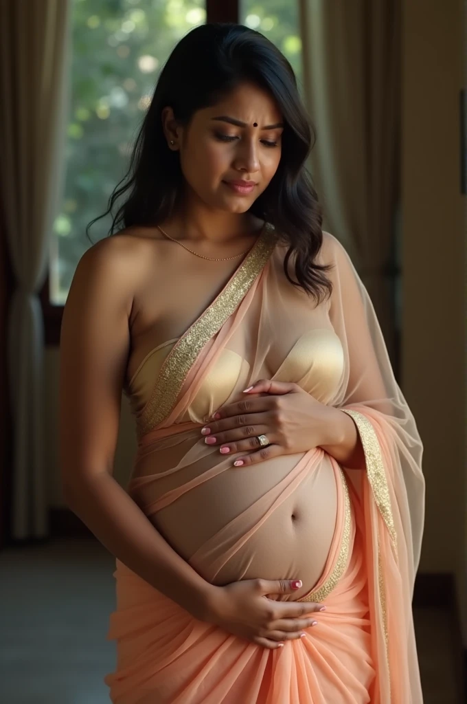 Indian girl in the middle, wearing a transparent saree, big breasted, touching her vagina with her hand, crying girl,