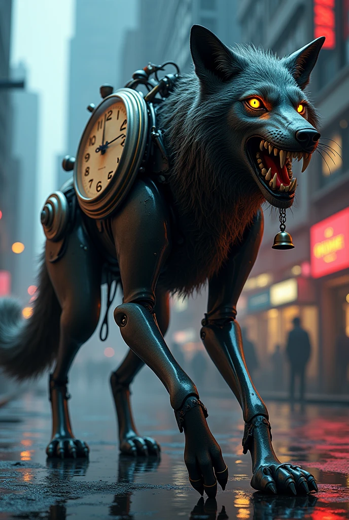 (best quality, masterpiece, ultra detailed, ultra high res, photorealistic, raw photo, absurdres, absolutely resolution), This creature has the sharp eyes and fangs of a wolf, but also incorporates the structure of a clock tower into part of its body. There is a clock face on its back, and the hands are constantly moving. Its limbs are made of metal, and every time it moves, it makes a mechanical sound. Its tail is long, with a small bell at the end, which makes a sound every time it moves. Overall, it is a heavy-looking being that combines machines and animals.
