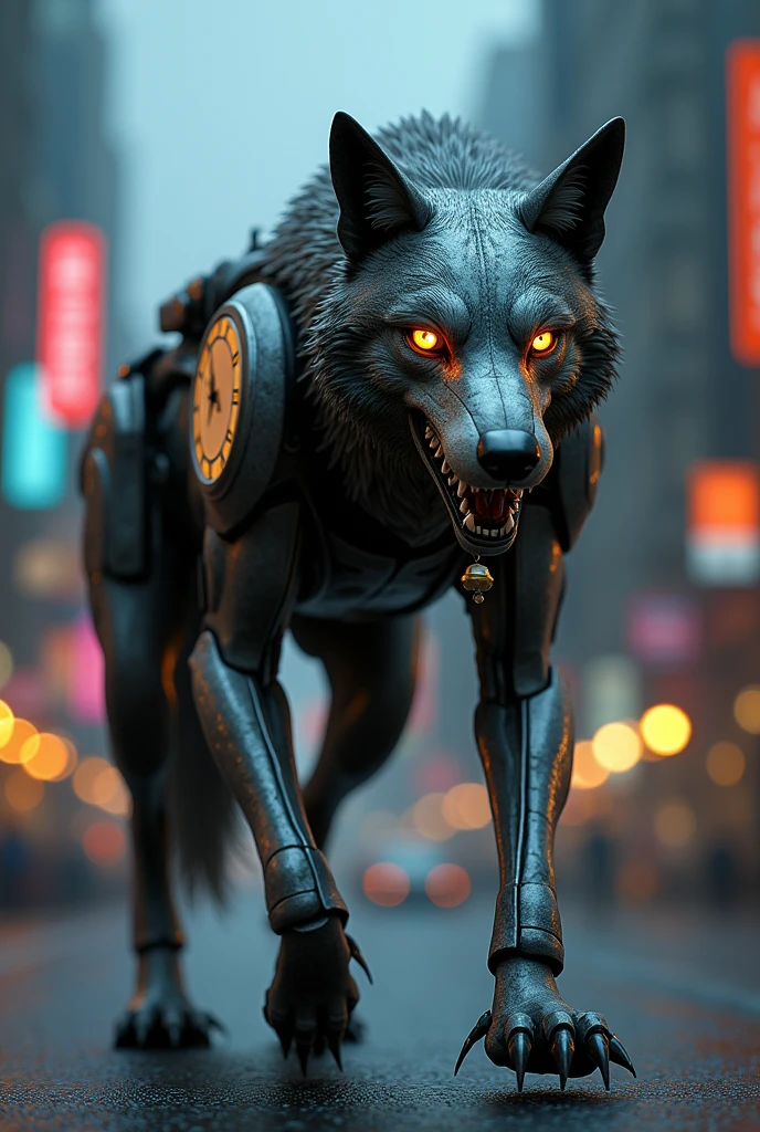 (best quality, masterpiece, ultra detailed, ultra high res, photorealistic, raw photo, absurdres, absolutely resolution), This creature has the sharp eyes and fangs of a wolf, but also incorporates the structure of a clock tower into part of its body. There is a clock face on its back, and the hands are constantly moving. Its limbs are made of metal, and every time it moves, it makes a mechanical sound. Its tail is long, with a small bell at the end, which makes a sound every time it moves. Overall, it is a heavy-looking being that combines machines and animals.