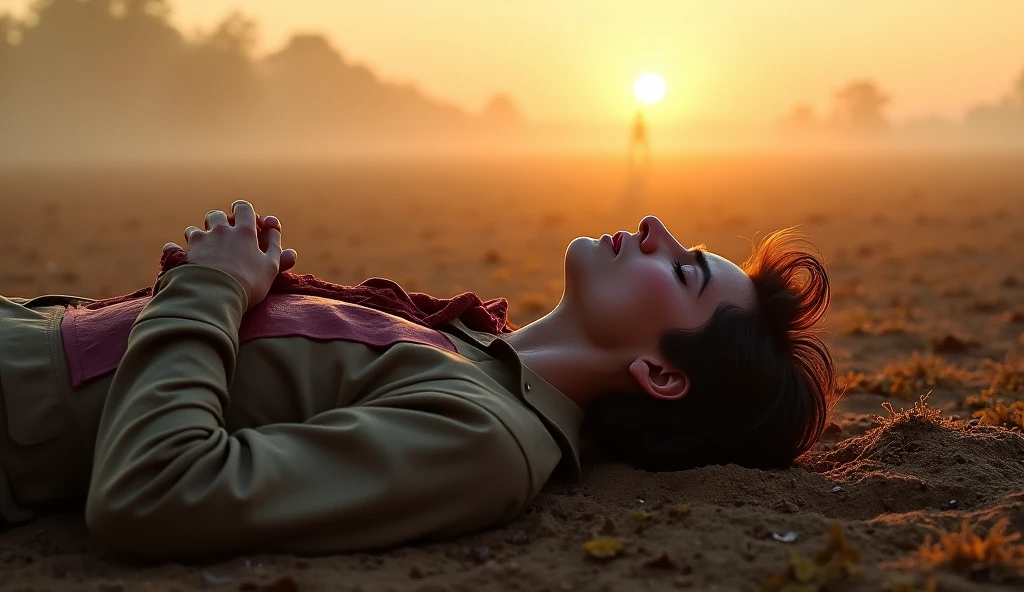 Évariste Galois lies on the ground, just moments after being struck by a bullet in the duel. The early morning light casts a soft glow on his pale face, which reflects both pain and a quiet resignation. Blood stains his shirt, spreading slowly as he clutches his wound. His eyes, half-closed, still hold a glimmer of the genius that defined his short life. Around him, the mist of the morning starts to lift, and the world seems to pause in this tragic moment. The background shows the faint outlines of the barren field, with the rising sun symbolizing both the end and the beginning, as Galois' spirit prepares to leave his earthly struggles behind
