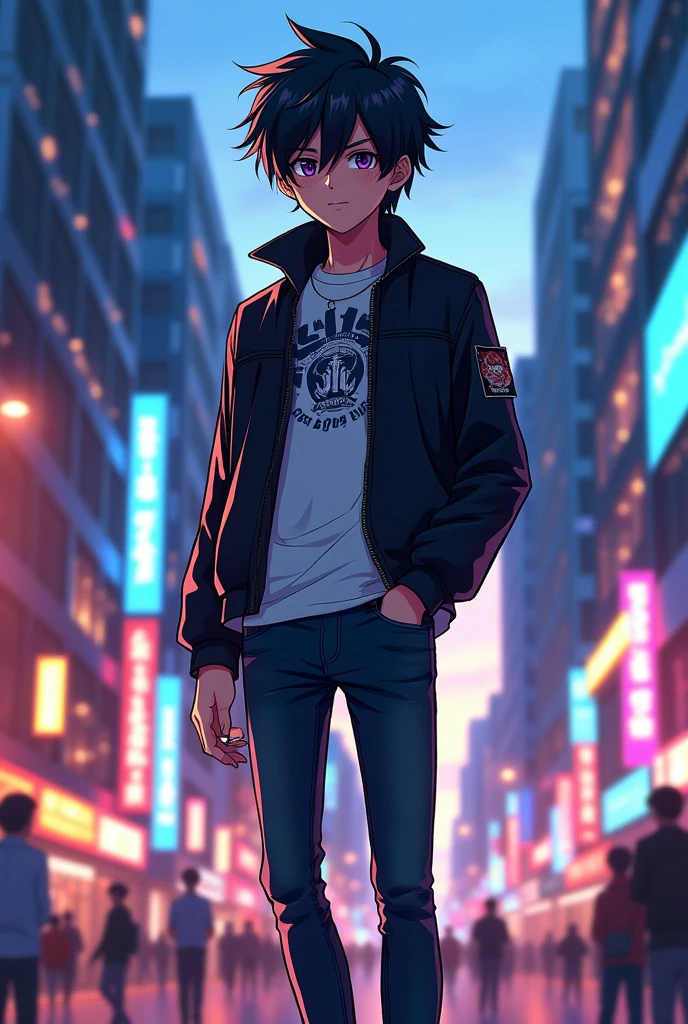 in anime style, a realistic full-body dark-haired boy with stylish clothes