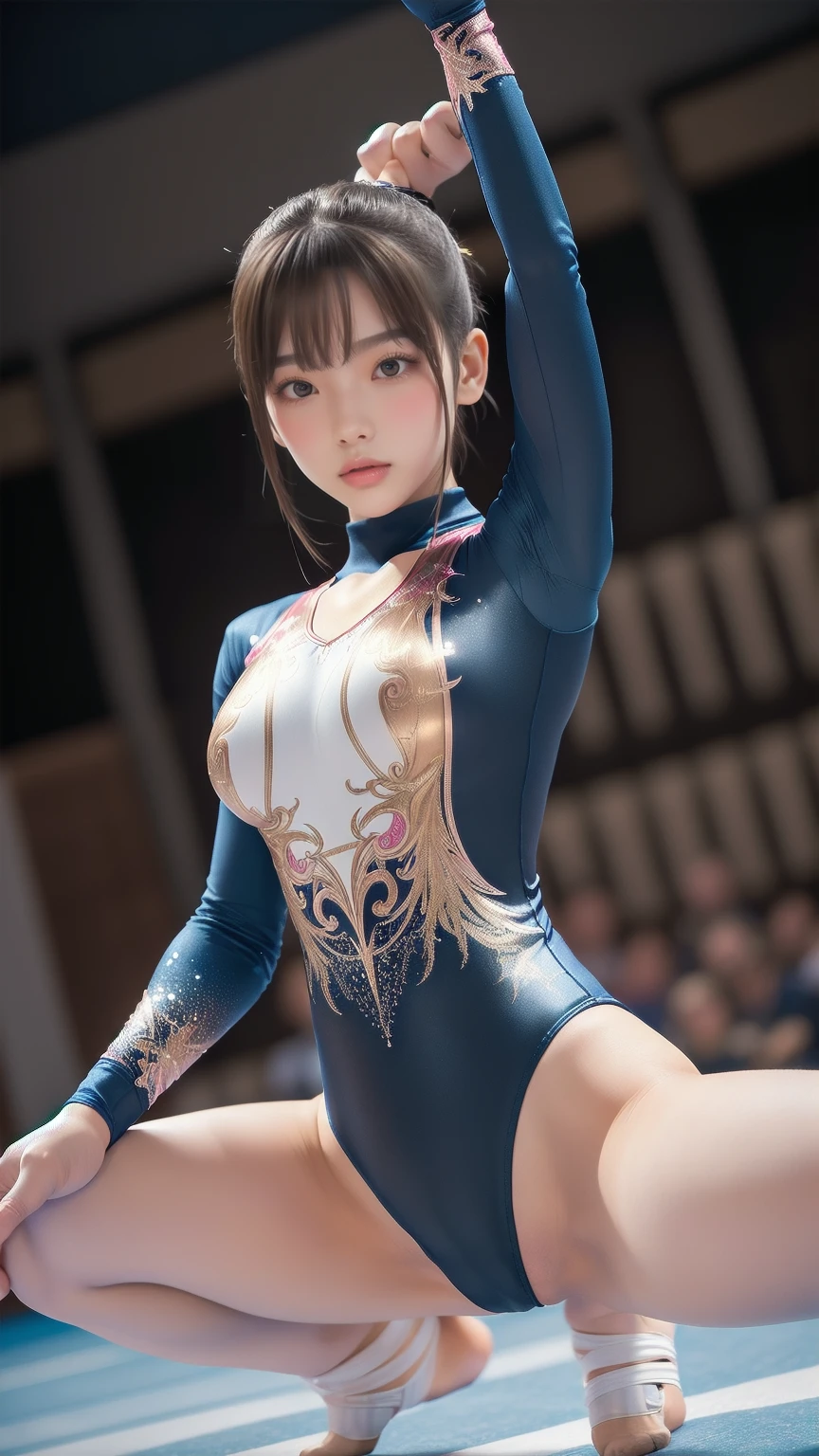 ((indoor, 新Gymnastics arena, Gymnastics arena:1.3)), Vibrance, Natural colors, (Highly detailed skin, Beautiful realistic face, White skin, Pointed Chest, Small nipples, Perfect Anatomy, Realistic eyes, Natural Eyes, Brown eyes, Accurate eye focus, Accurate limbs), (Hyper Realist, Ultra-realistic, 4K, Attention to detail, Ultra-high resolution, Highest quality, masterpiece, Presence, dynamic, Uplifting, bold, Sharpness), (Thinning hair:2, Soft Hair:2, Straight hair:1.5, Long, slicked bangs, Light copper amber hair, Hair on one eye, Twin tail hair), (Female gymnast, Detailed costume, She wore a tight-fitting long-sleeved leotard.:1.5), Shiny long sleeve leotard, Metallic colors長袖レオタード, Racing long sleeve leotard, Gymnastics Long Sleeve Leotard, ((High leg long sleeve leotard, Long-sleeved leotard with Swarovski embellishments)), ({Metallic red color| Metallic purple color| Metallic white color| Metallic navy color| Metallic pink color| Metallic gold color| Metallic silver color| Metallic black color| Metallic colors}Long sleeve leotard colors), (Big Breasts:1.5), Tall, Elongated arms and legs, Small waist, Small hips, (Crouching, M-shaped split, Squat:1.2, Squat with your legs wide apart, Spread your legs), The long-sleeved leotard is digging into her butt, barefoot, Looking into the camera, smile, (Underhair does not grow),