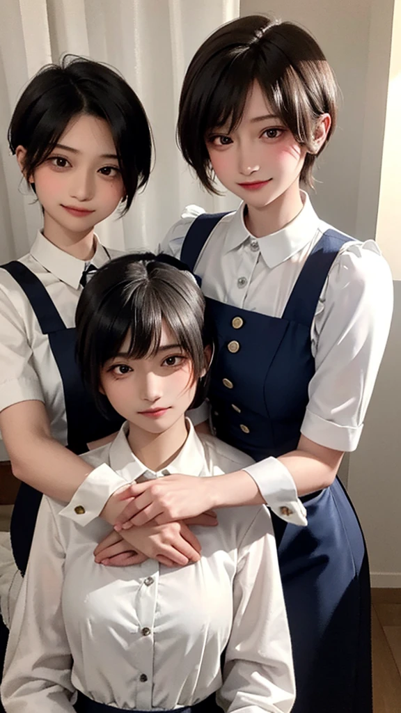 The two girls help the maid and the maid comb her hair, the lady smiles happily., The maid's cousin, the maid, does everything with love and devotion., The maid happily takes care of her master.,