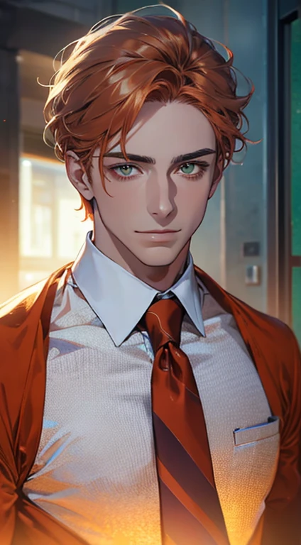 (Highest quality,4K,8K,High resolution,masterpiece:1.2),Super detailed,(Realistic,photoRealistic,photo-Realistic:1.37),1 person,34 years old,Mature Men,Beautiful skin、very handsome,Expressionless smile in love,Short orange hair,green eyes,Sharp Eyes,A perfect face without a doubt,Businessman, CEO, Office Background,Cinema Lighting,HDR image,tie、
