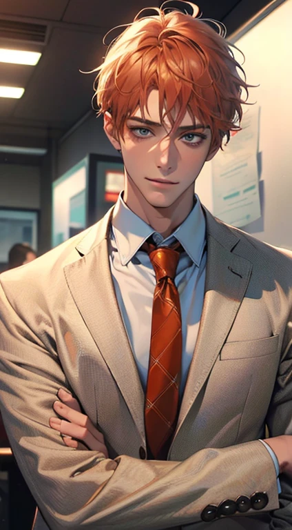 (Highest quality,4K,8K,High resolution,masterpiece:1.2),Super detailed,(Realistic,photoRealistic,photo-Realistic:1.37),1 person,34 years old,Mature Men,Beautiful skin、very handsome,Expressionless smile in love,Short orange hair,green eyes,Sharp Eyes,A perfect face without a doubt,Businessman, CEO, Office Background,Cinema Lighting,HDR image,tie、