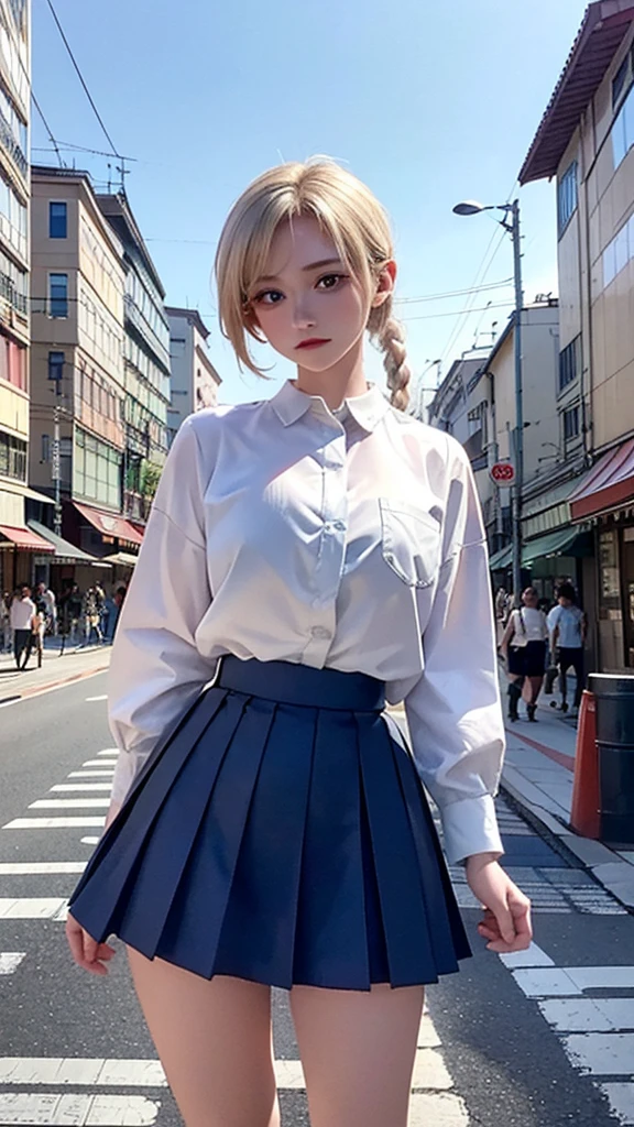 masterpiece, best quality, 8K, Photographic Reality, Practical, Octane Rendering, Bustling city streets in Japan (1 female: 1.4), (There is only one woman on the screen: 1.3), (White shirt), (Long blond hair), (Hip skirt), (blue eyes) Upper body display