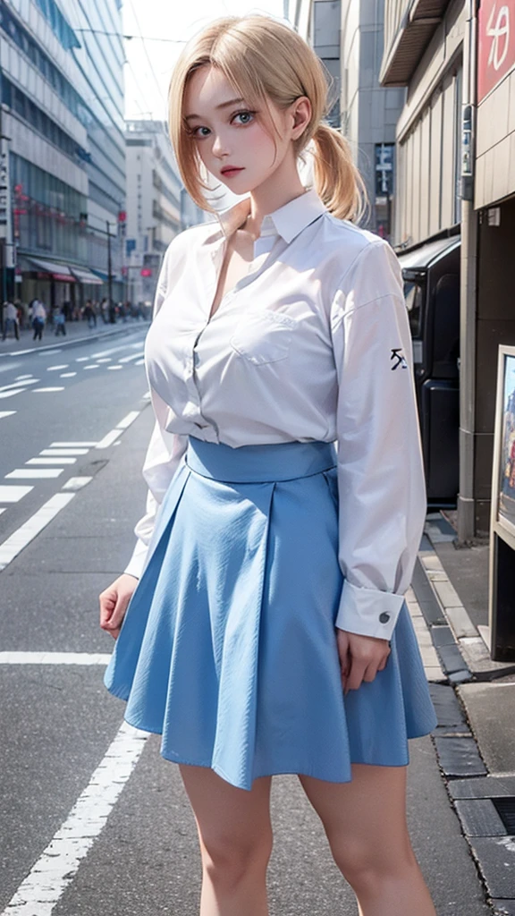 masterpiece, best quality, 8K, Photographic Reality, Practical, Octane Rendering, Bustling city streets in Japan (1 female: 1.4), (There is only one woman on the screen: 1.3), (White shirt), (Long blond hair), (Hip skirt), (blue eyes) Upper body display
