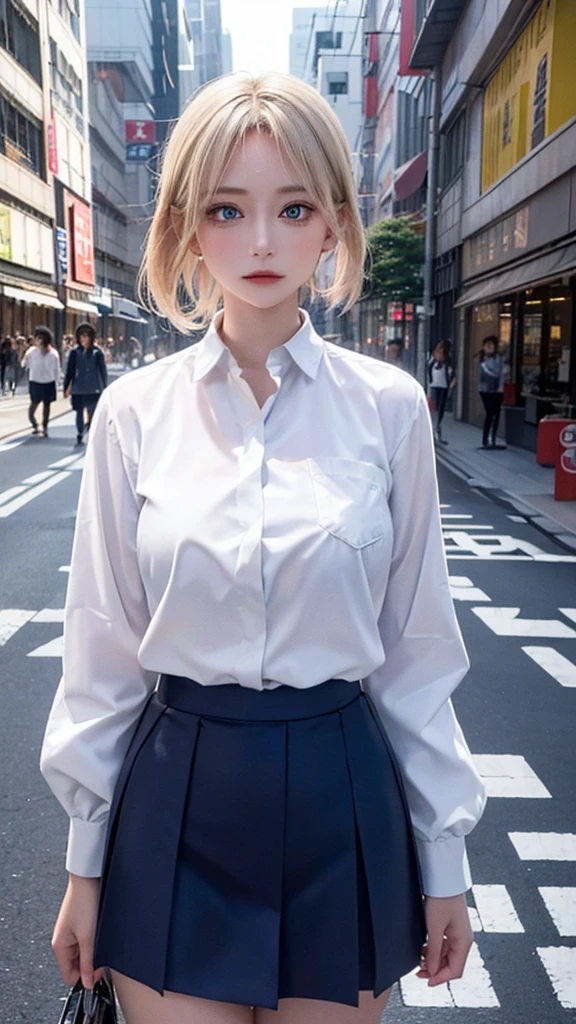 masterpiece, best quality, 8K, Photographic Reality, Practical, Octane Rendering, Bustling city streets in Japan (1 female: 1.4), (There is only one woman on the screen: 1.3), (White shirt), (Long blond hair), (Hip skirt), (blue eyes) Upper body display