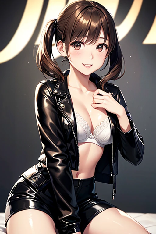 Yumi Fukuzawa、Shiny brown hair,Medium Hair, 、(( High Twintails、rabbit style)),Beautiful brown eyes、Sparkling eyes, fine grain、smile、Very fine eye、Very detailed顔, Very detailed目,Cowboy Shot、

(Photorealistic:1.4, 8k), Highest quality, masterpiece, 超High resolution, Perfect dynamic composition,Highest quality, Very detailed, Very delicate and beautiful, High resolution, Very detailedCG, masterpiece,

 
((Browsing Caution)),Highest quality、masterpiece、(((Black leather jacket:1.37、Black leather jacket、Black hot pants)))、break、angle above the knee、Beautiful and fair、Glowing Skin,  bright, Refreshing and gentle look, Perfect beautiful face、 Very beautiful girls, eyeliner, so perfect and beautiful、break、(((White Latex Bra:1.37、タイトなWhite bra、White bra)))，break、Nice、Dim lighting、Black Wall、Spotlight