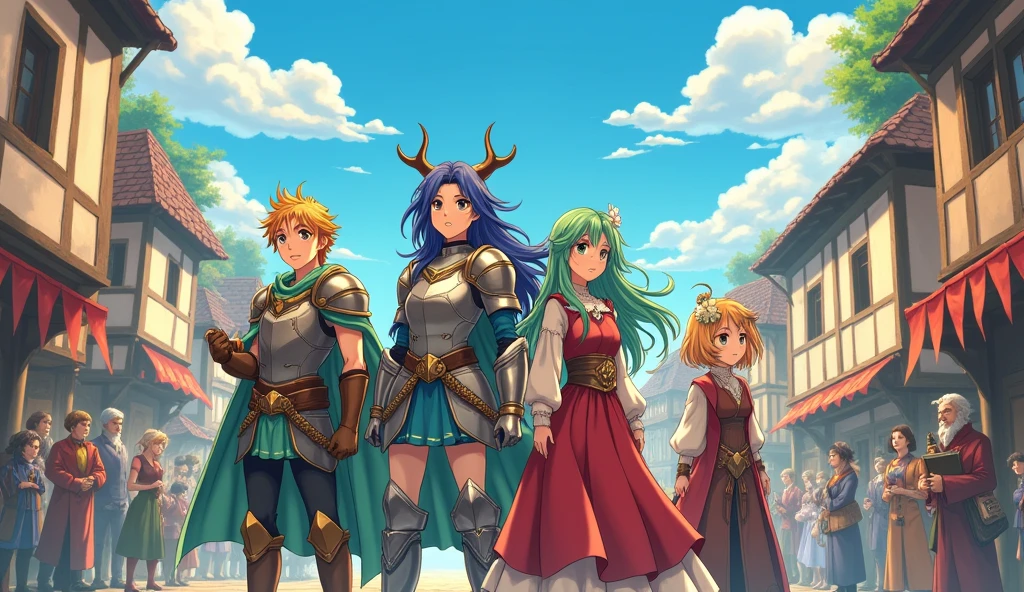 Anime illustration、 Realistic, oil、Asahi、Departure Day、A group of brave men、A party of four: a hero, a sorceress, a healer, and a sage.、Departure from the capital、Bright sunlight、excited、looks fun、Looking forward to the adventures ahead、fanfare、Anime style illustrations、Medieval Europe、2D Anime Style、Ghibli style、Japanese anime style、