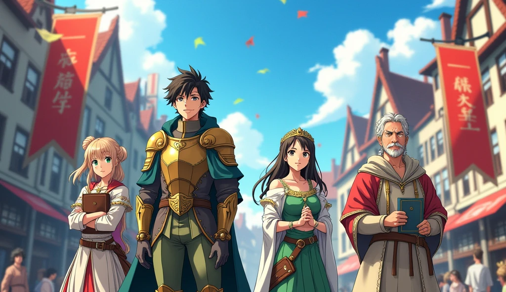 Anime illustration、 Realistic, oil、Asahi、Departure Day、A group of brave men、A party of four: a hero, a sorceress, a healer, and a sage.、Departure from the capital、Bright sunlight、excited、looks fun、Looking forward to the adventures ahead、fanfare、Anime style illustrations、Medieval Europe、2D Anime Style、Ghibli style、Japanese anime style、