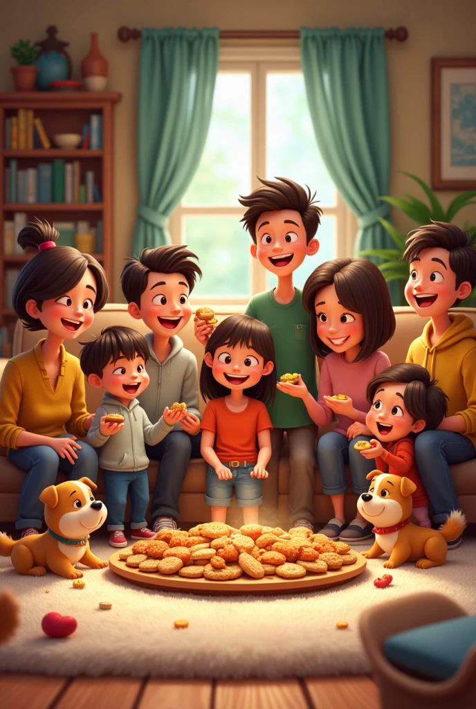 A very sweet cartoon family with 12 members and 2 pet dogs, where everyone is happily sharing
