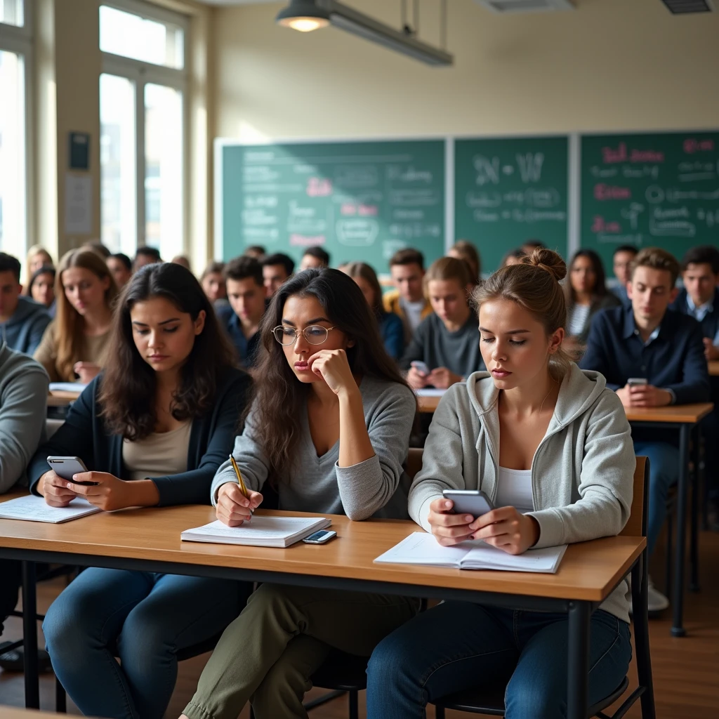 University students in a classroom with their phones, looking worried.
