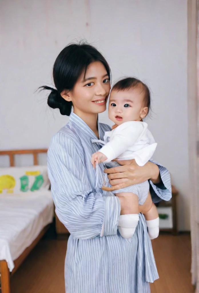 cewek indonesia, usia 25 tahun, wear simple clothes, hair tied, holding a old baby, in the room