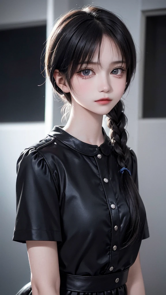 A girl around 13 years old，Pale skin，Very long hair, Black straight hair. big、Black eyes , With a strong and mysterious expression. Dressed in Orphan Movie Costume Style, More elegant and refined, Something that matches her mysterious and strong personality. comprehensive, Her presence will attract attention, Attract curious and inquisitive eyes. flat chest, Movie Lighting, Chromatic Aberration, Backlight, masterpiece, High Detail, high quality, 4K.