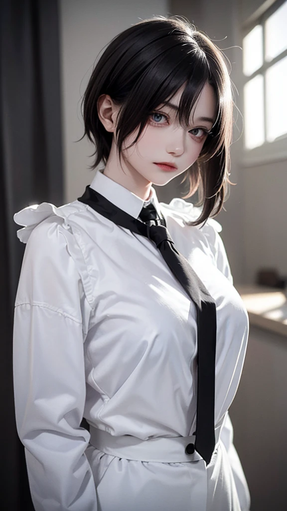 A girl around ,Pale skin,Very long hair, Black straight hair. big、Black eyes , With a strong and mysterious expression. Dressed in Orphan Movie Costume Style, More elegant and refined, Something that matches her mysterious and strong personality. comprehensive, Her presence will attract attention, Attract curious and inquisitive eyes. flat chest, Movie Lighting, Chromatic Aberration, Backlight, masterpiece, High Detail, high quality, 4K.