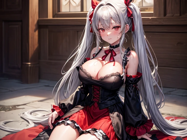 Browsing Caution, One person,Tokizaki Kurumi, Kneeling,Long Hair, Silver Hair,Twin tails, hair band, Heterochromia iridis, Huge breasts, Red ribbon,Cleavage, Black choker, Exposing shoulders, Gothic, Red dress, Red Bow, Removable sleeves, Showing nipples, Breast milk,(hooded clothing)、blush、medieval style mansion、Very detailed、High resolution、4K、masterpiece、High resolution、(Eyes half closed:1.3)、(Sweaty:1.3)、(Press one&#39;Push your crotch forward)