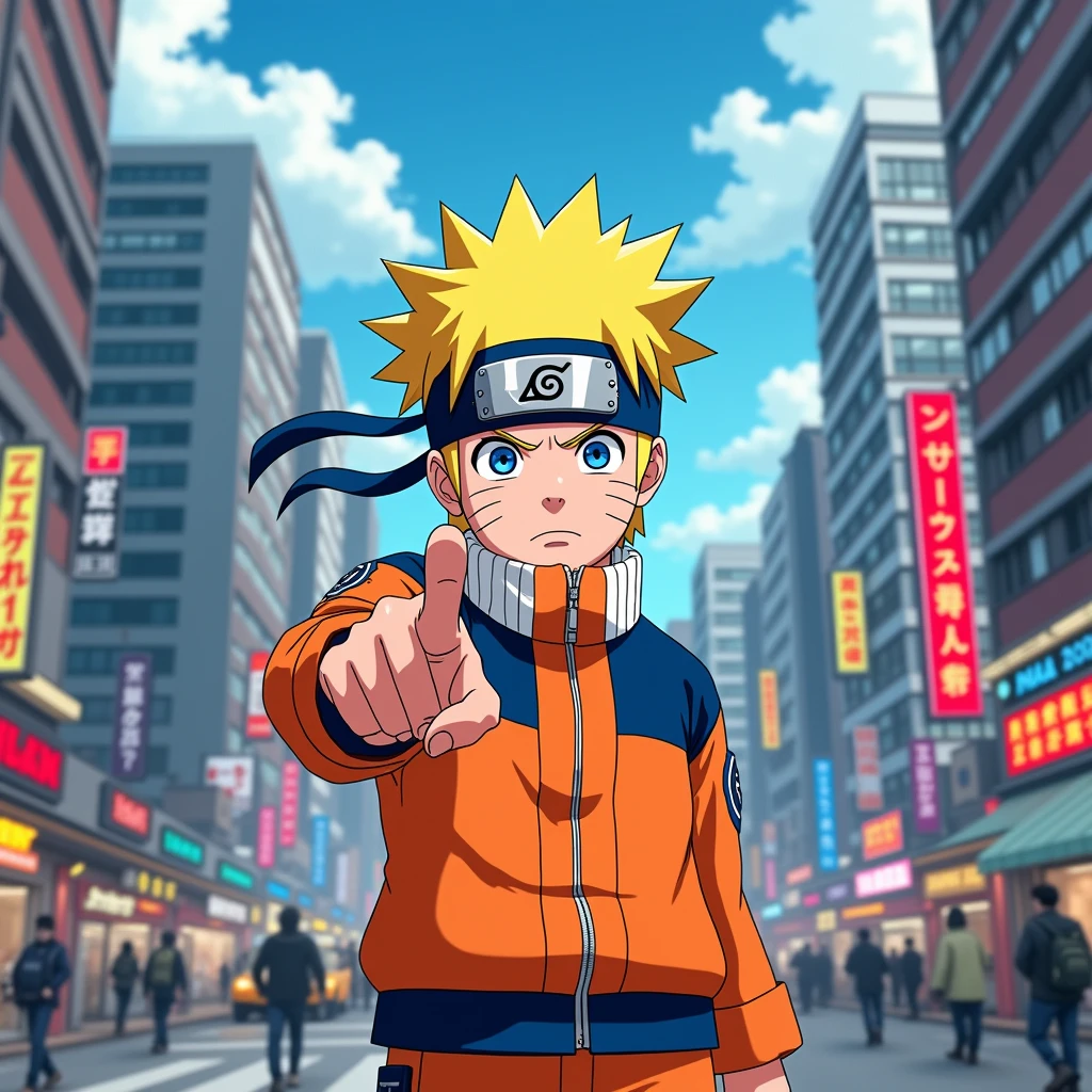 Draw Naruto Uzumaki, Pointing confusedly at the viewer in the city