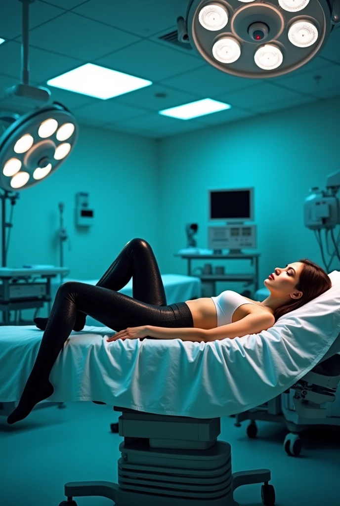 student lies in bed in operating room wearing latex leggings