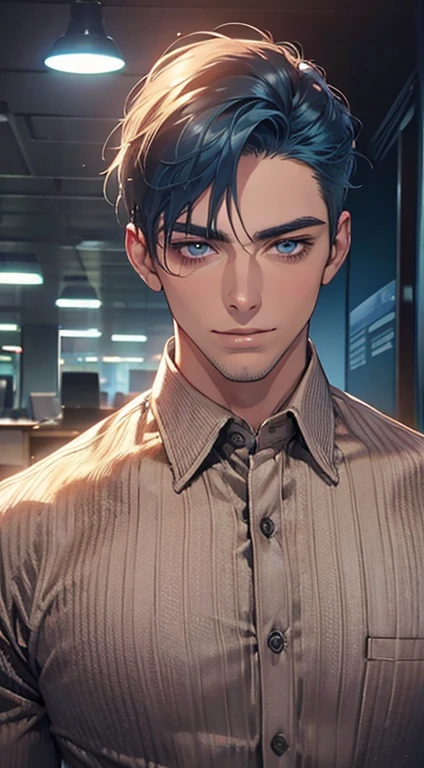 (best quality,4k,8k,highres,masterpiece:1.2),ultra-detailed,(realistic,photorealistic,photo-realistic:1.37),1 man,31 years old,mature man,very handsome,without expression,smile,short blue hair,blue eyes,penetrating gaze,perfect face without errors,imposing posture,businessman,office background,cinematic lighting,hdr image