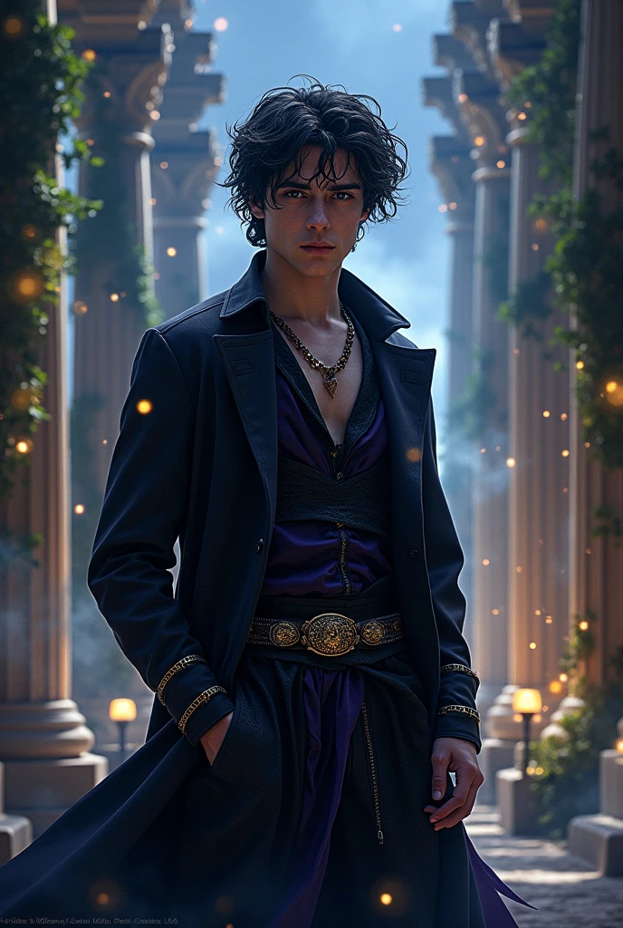 Create an 18-year-old boy, hair black as night, black eyes like darkness, Pale skin, wearing black and purple attire, who is inspired by the Percy Jackson & the Olympians book series..
.