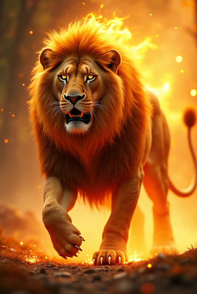 (best quality, masterpiece, ultra detailed, ultra high res, photorealistic, raw photo, absurdres, absolutely resolution), This creature has the manly mane and physique of a lion, but its entire body shines like the sun. Its mane burns like a flame, and its eyes are as dazzling as the sun's rays. Its claws and fangs shine golden, and it gives off heat every time it moves. Overall, it is a being that combines strength and majesty.