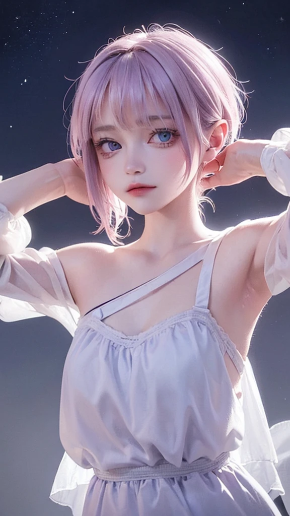 ((masterpiece,best quality)),(Negative Space:1.4),(1 Girl, Solitary:1.4),Beautiful and delicate eyes,Flowing pale pink and lilac hair, Lavender-colored eyes, night, Starry Sky, The stars shine