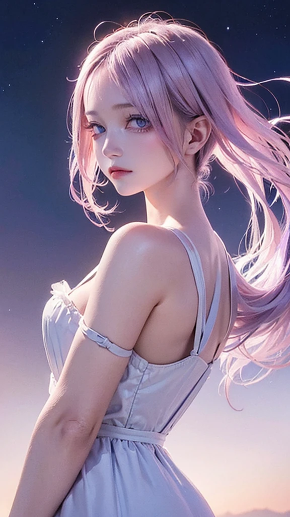 ((masterpiece,best quality)),(Negative Space:1.4),(1 Girl, Solitary:1.4),Beautiful and delicate eyes,Flowing pale pink and lilac hair, Lavender-colored eyes, night, Starry Sky, The stars shine