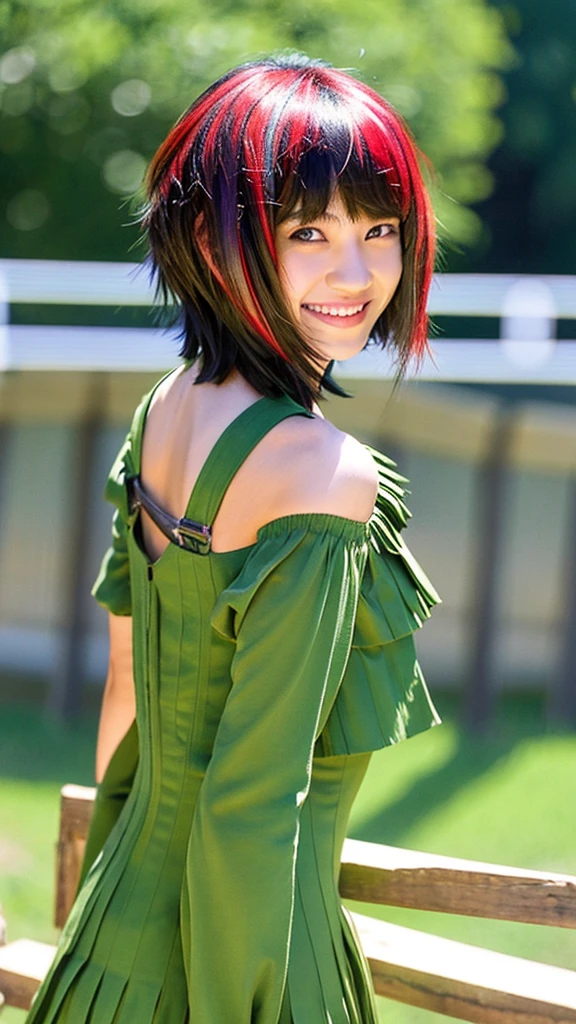 a cute young asian woman, ultra short boyish haircut with longer shaggy hair at the back, an edgy mullet haircut, punk mullet, extreme wolfcut hair, short bangs, very short fringes, bright cooper red haircolor with light blonde highlights, straight hair, smiling slightly, light green dress, standing at the wooden fence at uphill area, sceneric background 