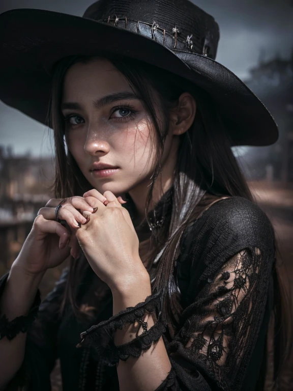 masterpiece, Highest quality, Very detailed, 8k, Ultra-high resolution, Cowboy Shot, One Girl, Detailed face, Perfect Fingers, black eye, Black Hair, Long Hair, Black dress, Abandoned roads, bloodborne