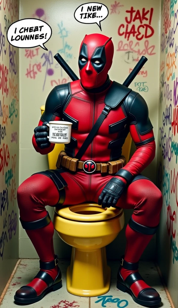 IMAGE DE HAUTE QUALITÉ DE DEADPOOL, LE SUPER-HÉROS DE MARVEL, ASSIS AUX TOILETTES EN BUVAINT DU PESSI