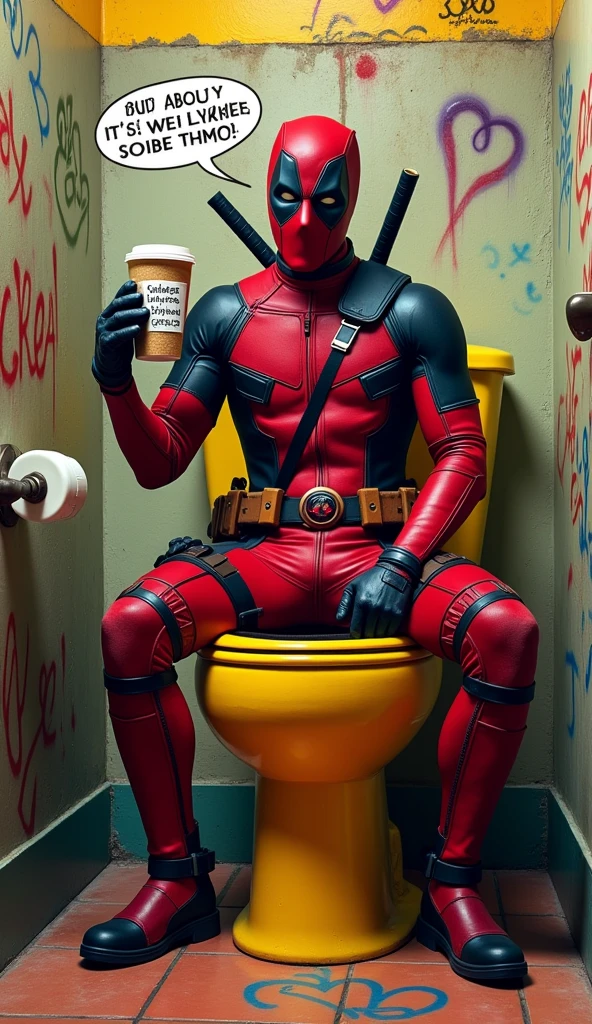 IMAGE DE HAUTE QUALITÉ DE DEADPOOL, LE SUPER-HÉROS DE MARVEL, ASSIS AUX TOILETTES EN BUVAINT DU PESSI