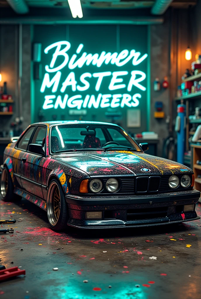 Black BMW E34 covered in paint splatter like drips of various colors all over the car with BBS rims inside a mechanic's workshop and in the background a large neon sign that says Bimmer Master Enginners