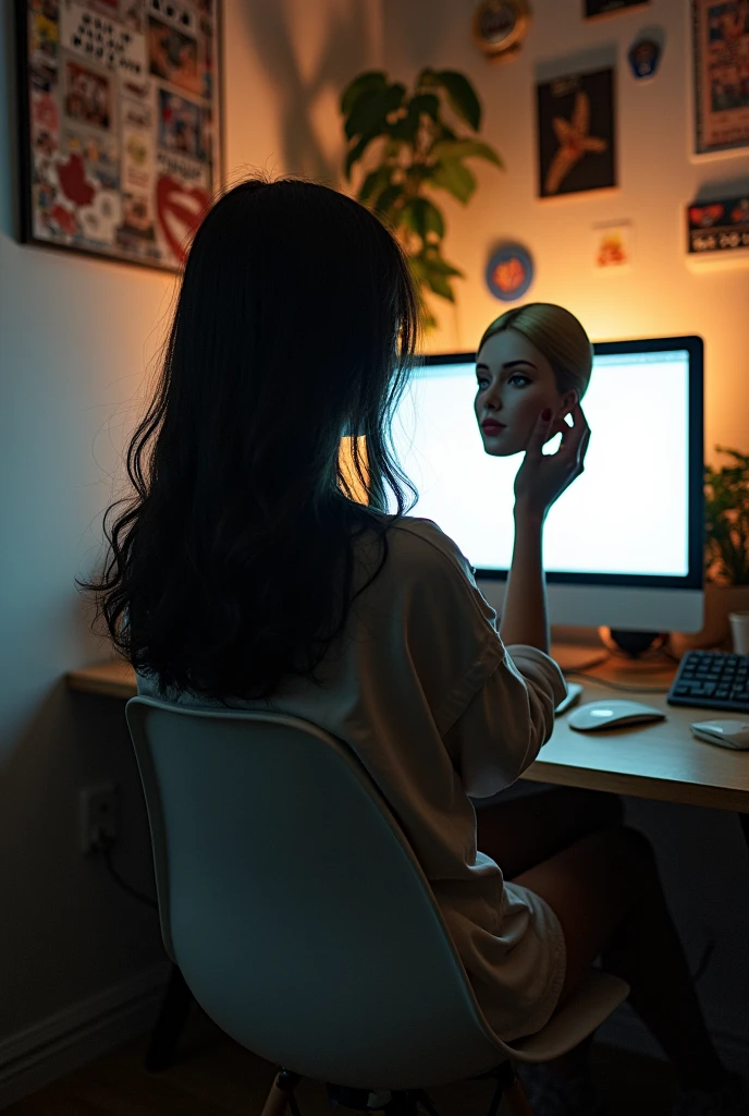 In front of my computer、A picture of a black-haired girl sitting on a chair holding a mask with the face of a blonde gal, taken from a 45-degree angle behind her.
