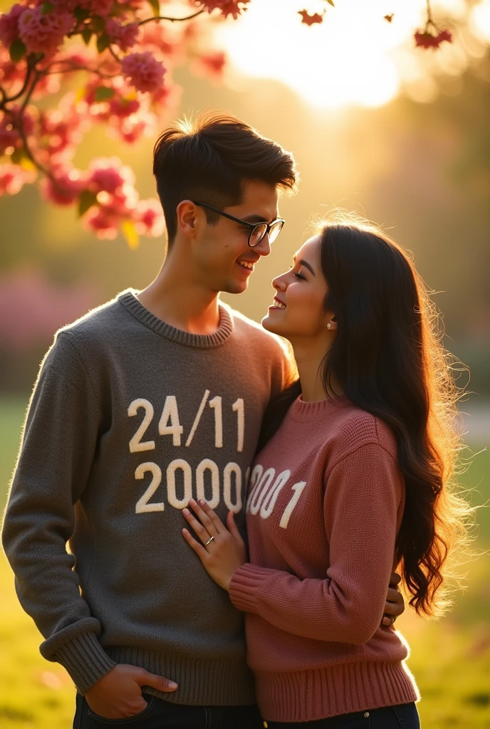 A happy young couple in love, the thin man who is tall, with glasses, dark and short hair, piel clara y with a sweater that says "24/11/2000", and the thin woman with dark hair, medium height and fair skin, with a sweater that says "25/07/2001".
