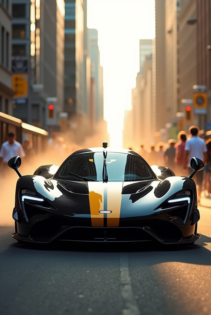 black hipercar with two yellow stripes on his hood