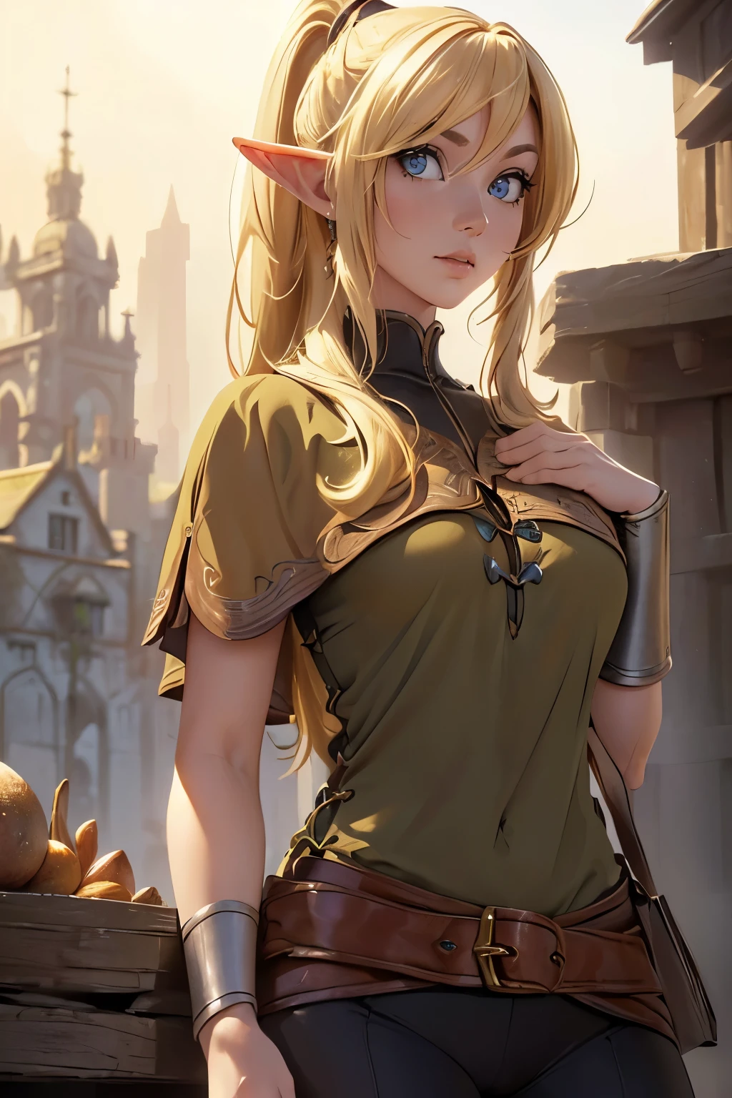 blonde haired elf, ((long_elegant_elf_ears)), (8k,highres,masterpiece:1.2),ultra-detailed,(realistic,photo-realistic:1.47),((slender)) ((crisp, realistic, golden eyes)), hi-def painting, elf with red_hair ((blonde messy ponytail hair)),Xaya with extremely detailed facial features, beautiful elf with intricate accessories, ((by sciamano240)) ((loose_peasant_top)) ((eye_fix)) ((perfect_golden_eyes)) ((perfect_small_chest)) (((staring_at_viewer)))