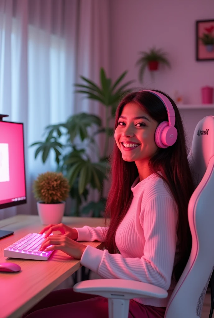Brown-skinned Latina girl with long hair smiling in a gamer room. from the front looking at the camera. Pink headphones. silla gamer. White computer with pink LED lights. Light wood desk. Room decorated in white and soft pink tones. White keyboard with pink lights. Pink and plant decorations. The image shows a desk and computer while the girl is sitting facing the camera..