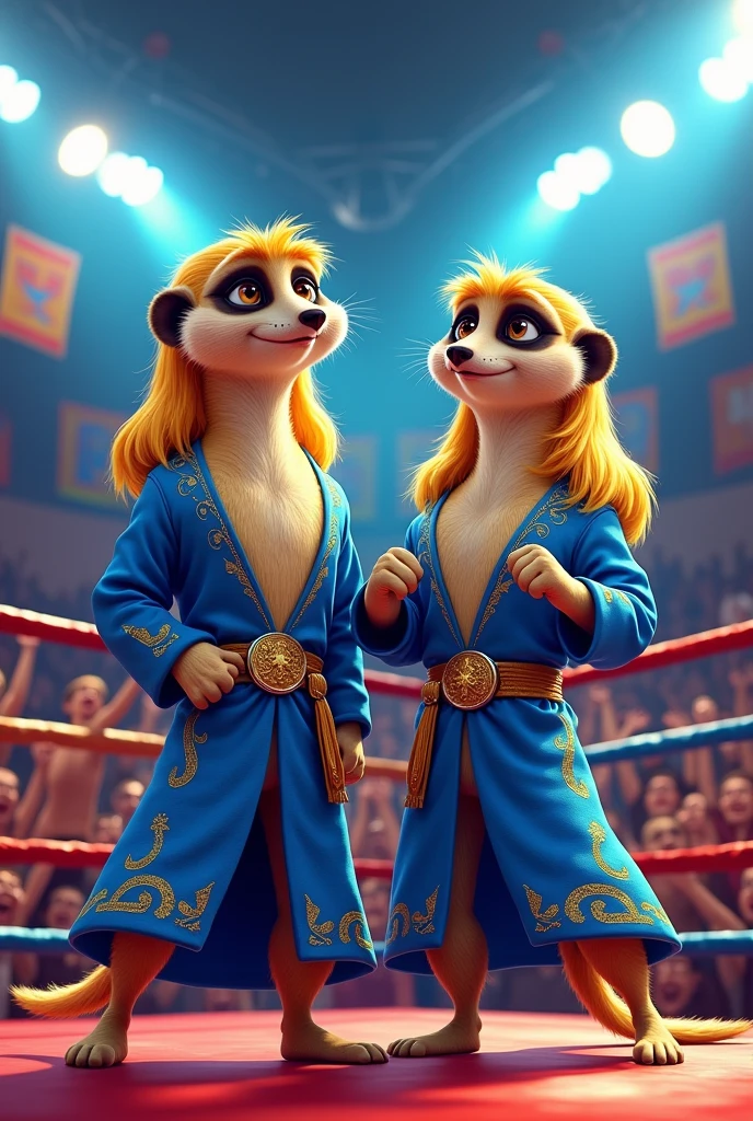 Two cartoon meerkats dressed like wrestling tag-team the Midnight Express,. Both have long blonde hair mullets and are wearing Puffy Blue robes with extravagant gold patterns and white wrestling boots 
