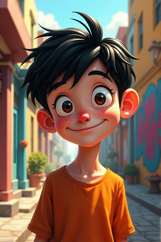 Show me a picture of a white male teenager, very black hair , light brown eyes, splattered nose, medium lips