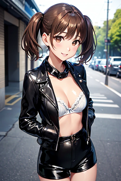 Yumi Fukuzawa、Shiny brown hair,Medium Hair, 、(( High Twintails、rabbit style)),Beautiful brown eyes、Sparkling eyes, fine grain、smile、Very fine eye、Very detailed顔, Very detailed目,Cowboy Shot、

(Photorealistic:1.4, 8k), Highest quality, masterpiece, 超High resolution, Perfect dynamic composition,Highest quality, Very detailed, Very delicate and beautiful, High resolution, Very detailedCG, masterpiece,

 
((Browsing Caution)),Highest quality、masterpiece、(((Black leather jacket:1.37、Black leather jacket、Black hot pants)))、break、angle above the knee、Beautiful and fair、Glowing Skin,  bright, Refreshing and gentle look, Perfect beautiful face、 Very beautiful girls, eyeliner, so perfect and beautiful、break、(((White Latex Bra:1.37、タイトなWhite bra、White bra)))，Shibuya at night、break、Dim lighting、Spotlight