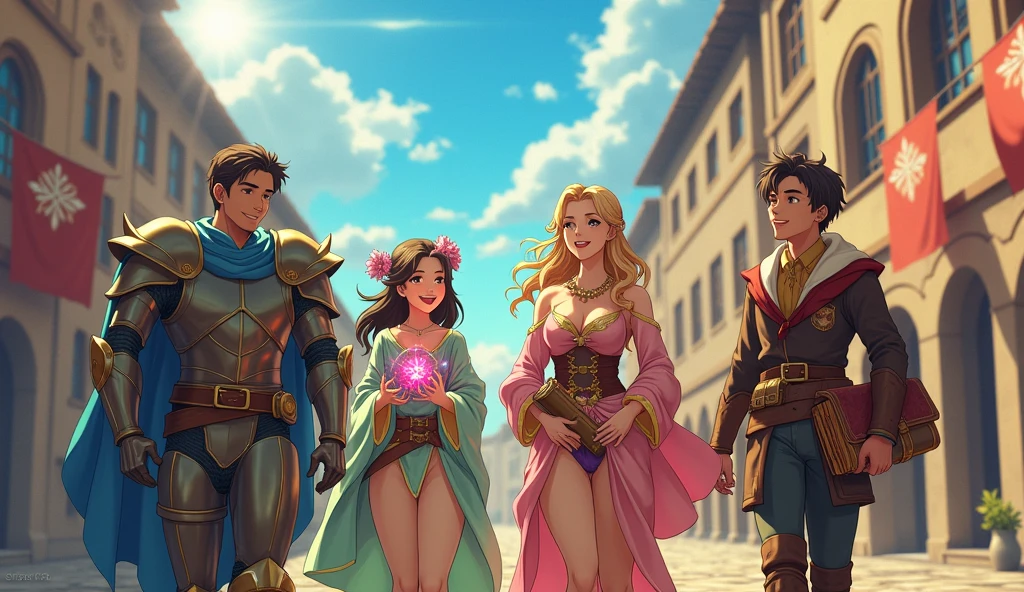 Anime illustration、 Realistic, oil、Asahi、Departure Day、A group of brave men、A party of four: a hero, a female magician, a healer, and a young sage.、Departure from the capital、Bright sunlight、excited、looks fun、Looking forward to the adventures ahead、fanfare、Anime style illustrations、Medieval Europe、2D Anime Style、Ghibli style、Japanese anime style、