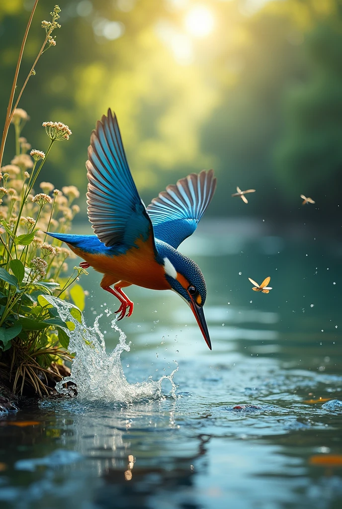 A kingfisher dives into the river to catch fish.
